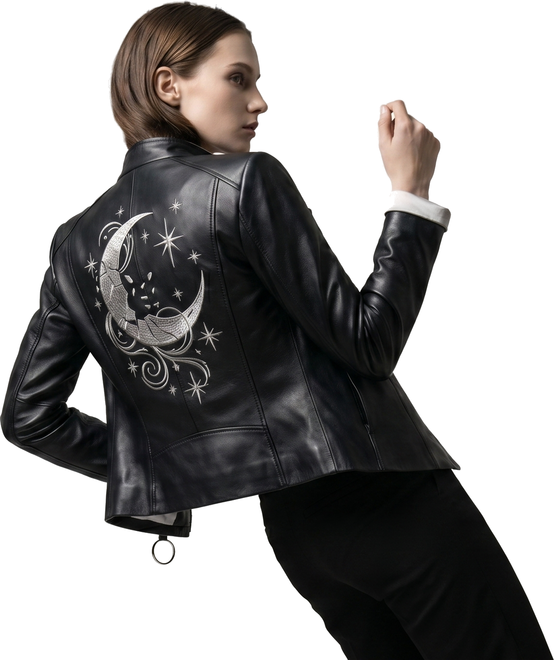Moonlight leather jacket — hand-embroidered crescent moon artwork